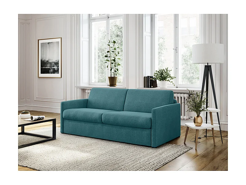 Canapé Convertible 3 places Agathe Couchage Quotidien en Tissu - Bleu canard - Matelas 13cm - Couchage 140 x 190cm - Loungitude