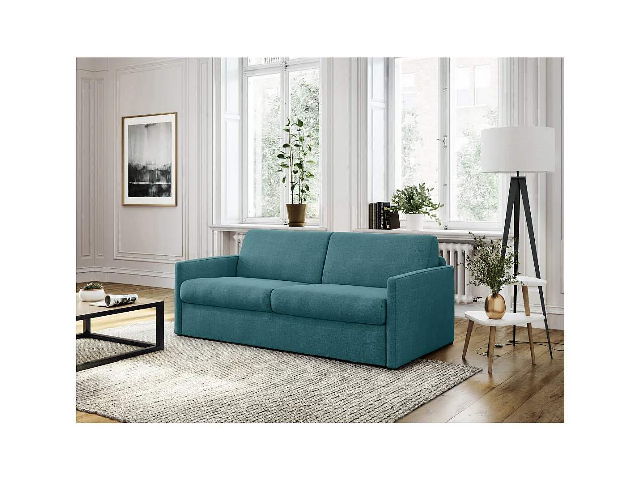 Canapé Convertible 3 places Agathe Couchage Quotidien en Tissu - Bleu canard - Matelas 13cm - Couchage 140 x 190cm - Loungitude