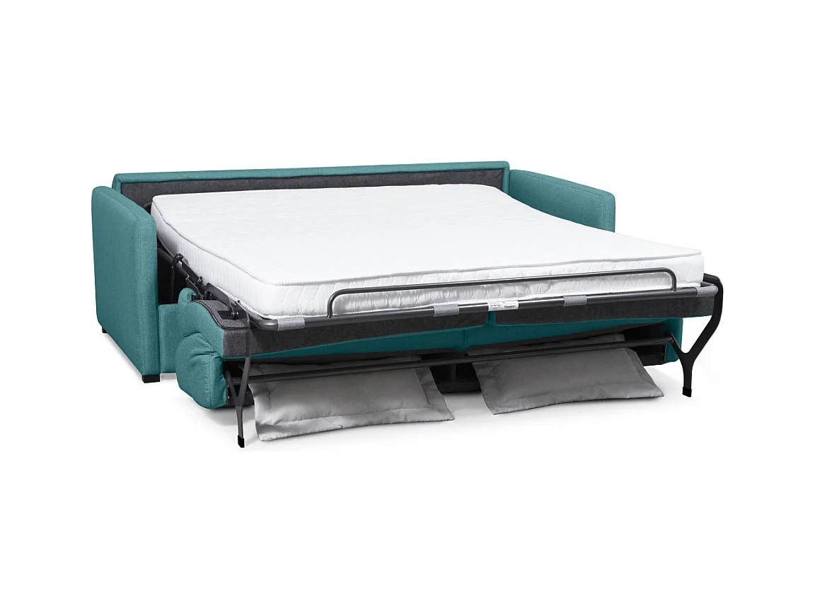 Canapé Convertible 3 places Agathe Couchage Quotidien en Tissu - Bleu canard - Matelas 13cm - Couchage 140 x 190cm - Loungitude