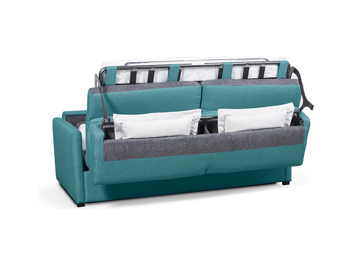 Canapé Convertible 3 places Agathe Couchage Quotidien en Tissu - Bleu canard - Matelas 13cm - Couchage 140 x 190cm - Loungitude