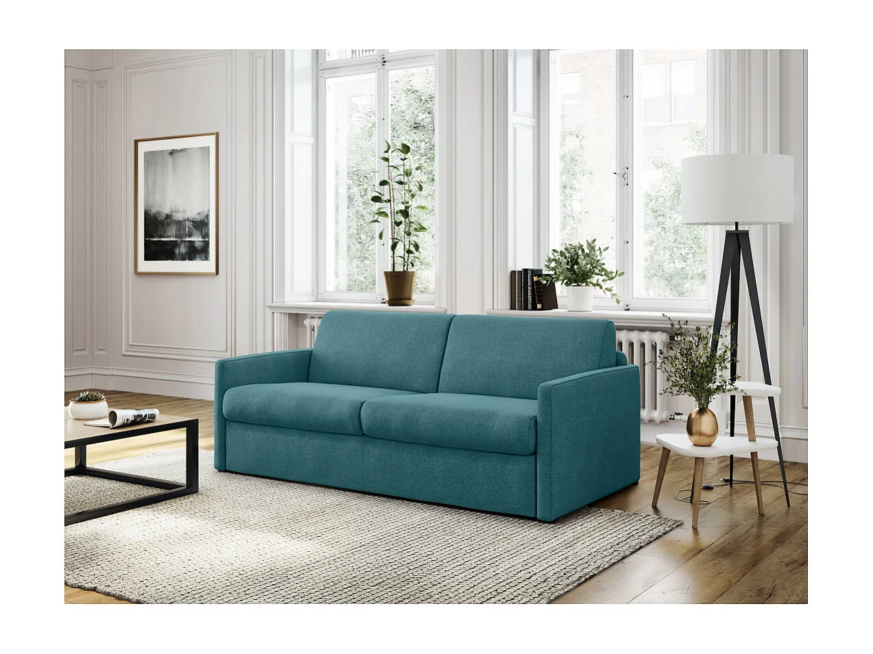 Canapé convertible 3 places Agathe Couchage Quotidien'en Tissu - Bleu canard - Matelas 13cm - Couchage 140 x 190cm - Loungitude