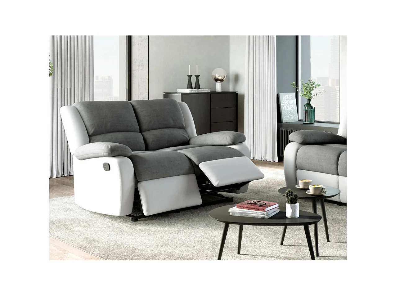 Canapé Relaxation 2 places Microfibre et Simili Léo - Blanc et gris - L143 x 93 x 96cm - Loungitude