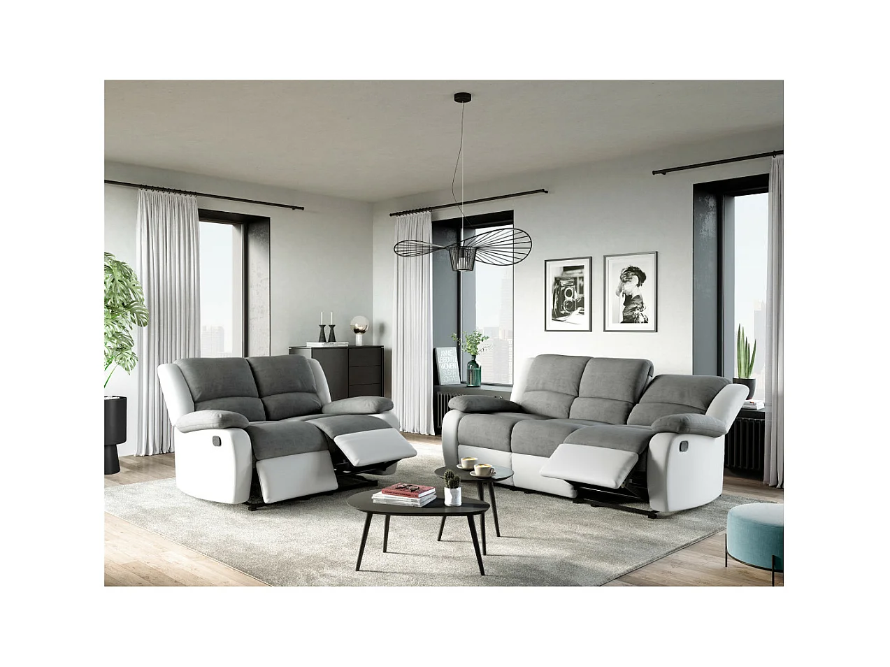 Canapé Relaxation 2 places Microfibre et Simili Léo - Blanc et gris - L143 x 93 x 96cm - Loungitude