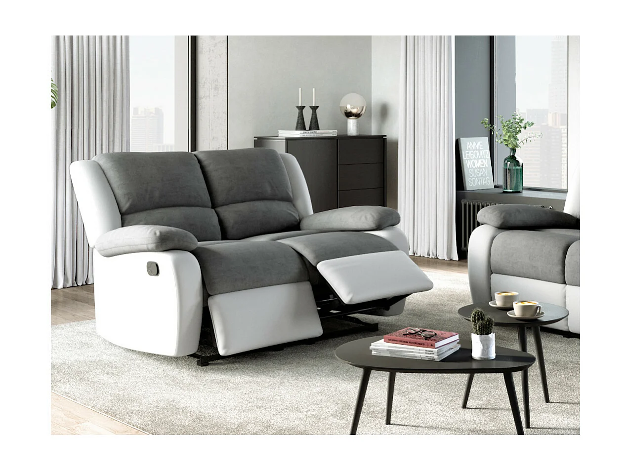 Canapé Relaxation 2 places Microfibre et Simili Léo - Blanc et gris - L143 x 93 x 96cm - Loungitude