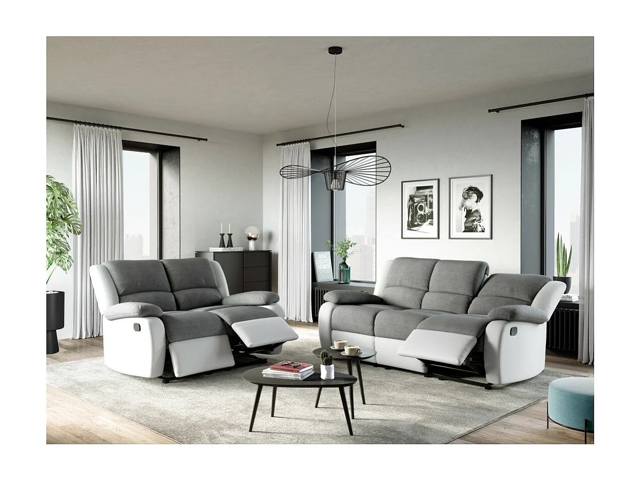 Canapé Relaxation 2 places Microfibre et Simili Léo - Blanc et gris - L143 x 93 x 96cm - Loungitude