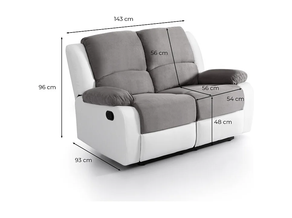 Canapé Relaxation 2 places Microfibre et Simili Léo - Blanc et gris - L143 x 93 x 96cm - Loungitude