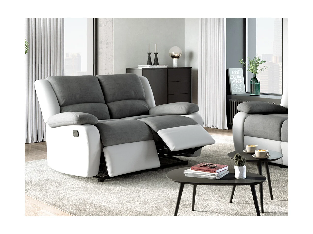 Canapé Relaxation 2 places Microfibre et Simili Léo - Blanc et gris - L143 x 93 x 96cm - Loungitude