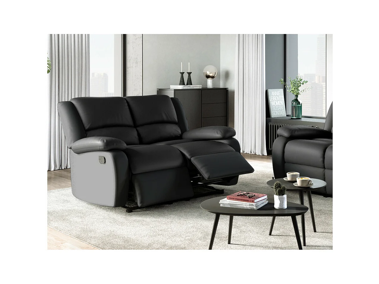 Canapé Relaxation 2 places Simili cuir Léo - Noir - L143 x 93 x 96cm - Loungitude