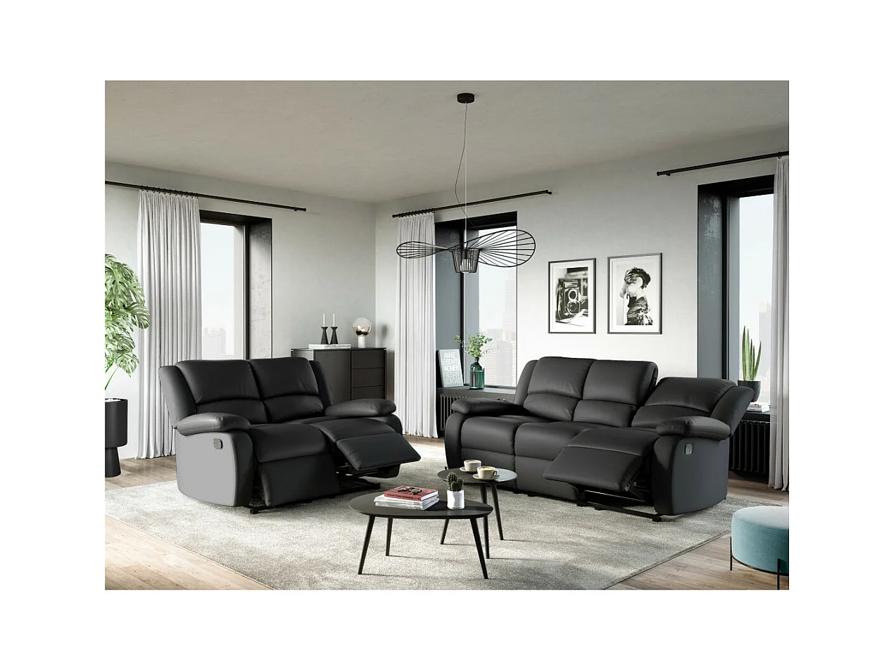 Canapé Relaxation 2 places Simili cuir Léo - Noir - L143 x 93 x 96cm - Loungitude