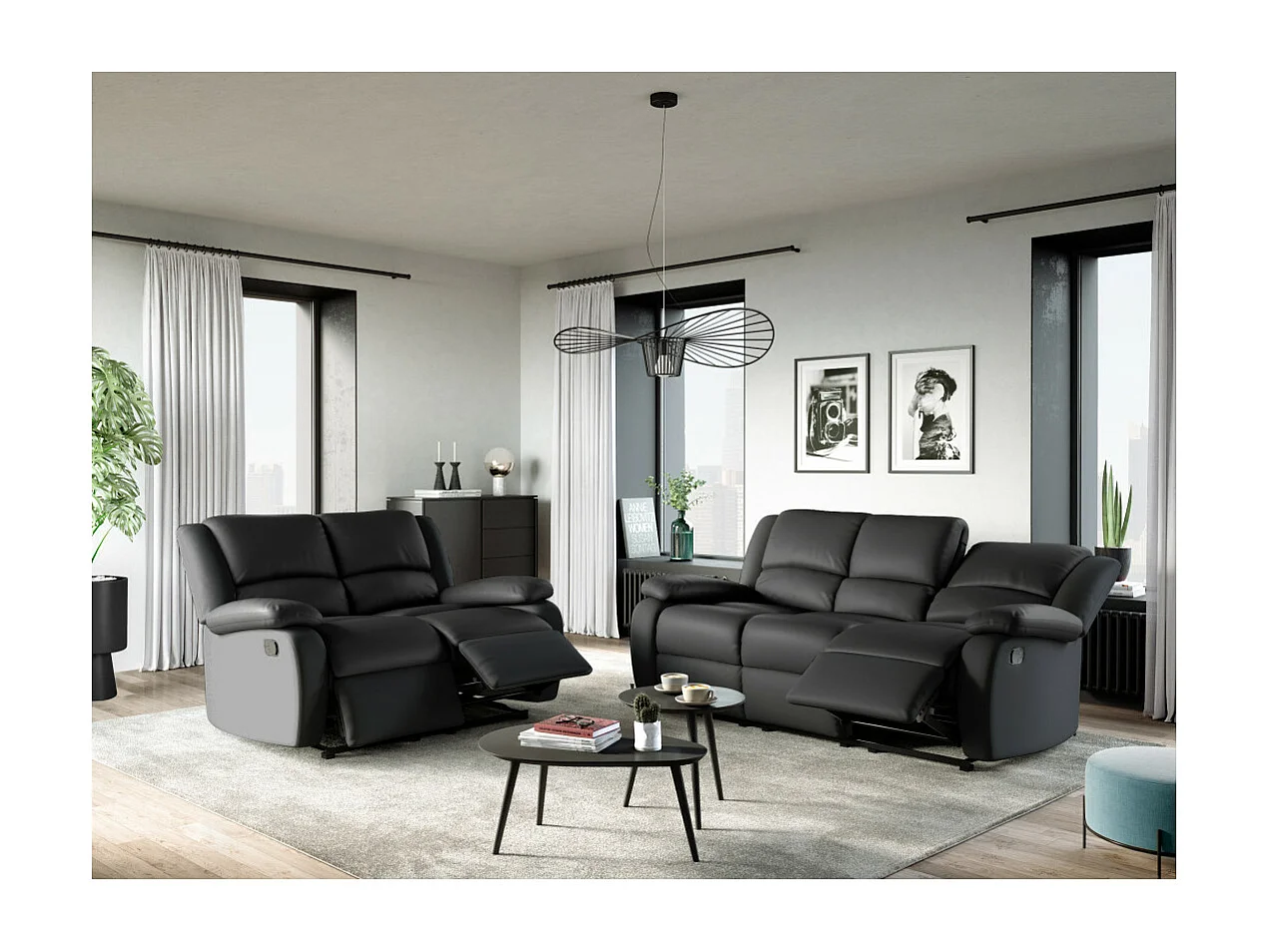 Canapé Relaxation 2 places Simili cuir Léo - Noir - L143 x 93 x 96cm - Loungitude