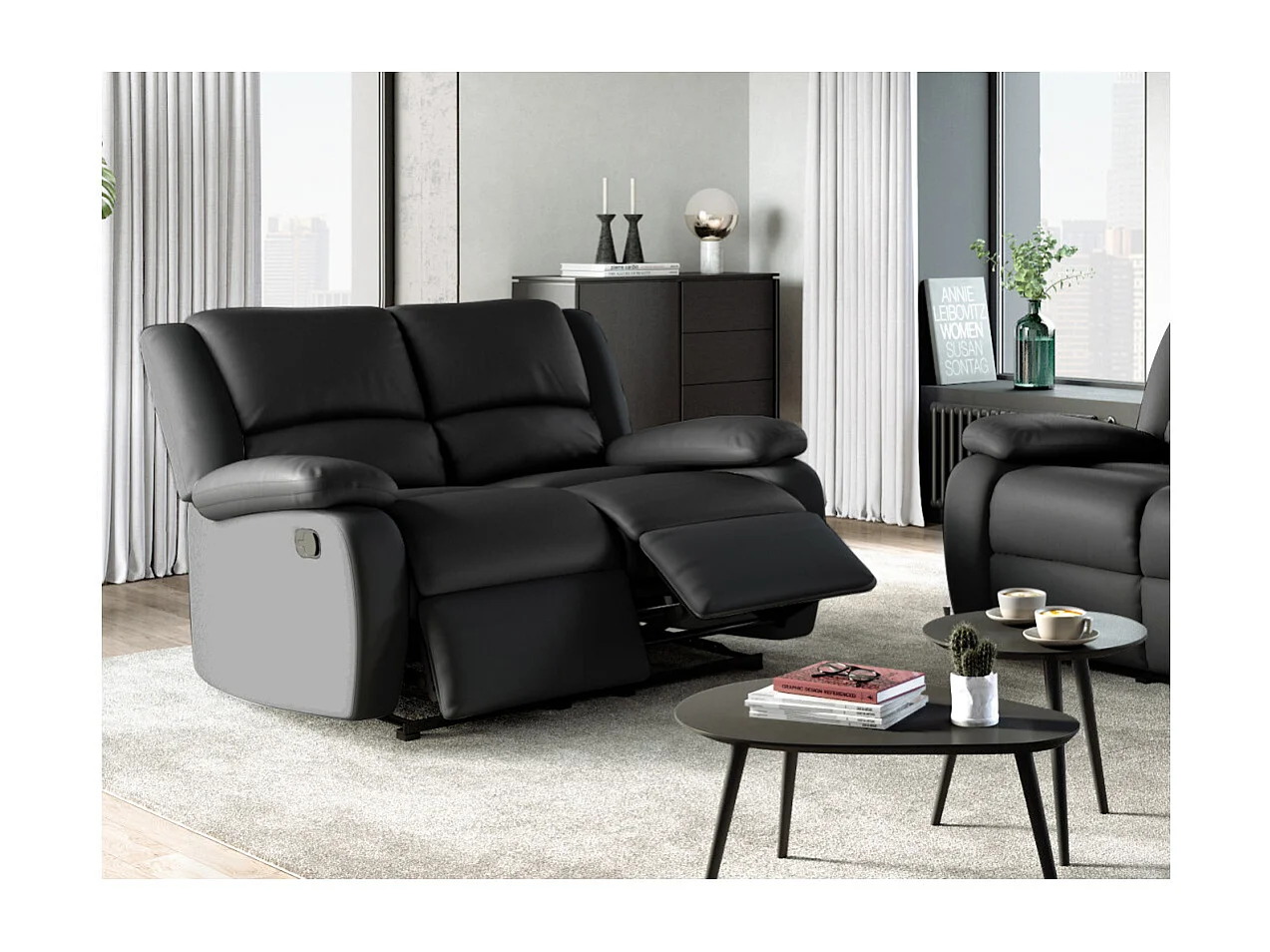 Canapé Relaxation 2 places Simili cuir Léo - Noir - L143 x 93 x 96cm - Loungitude
