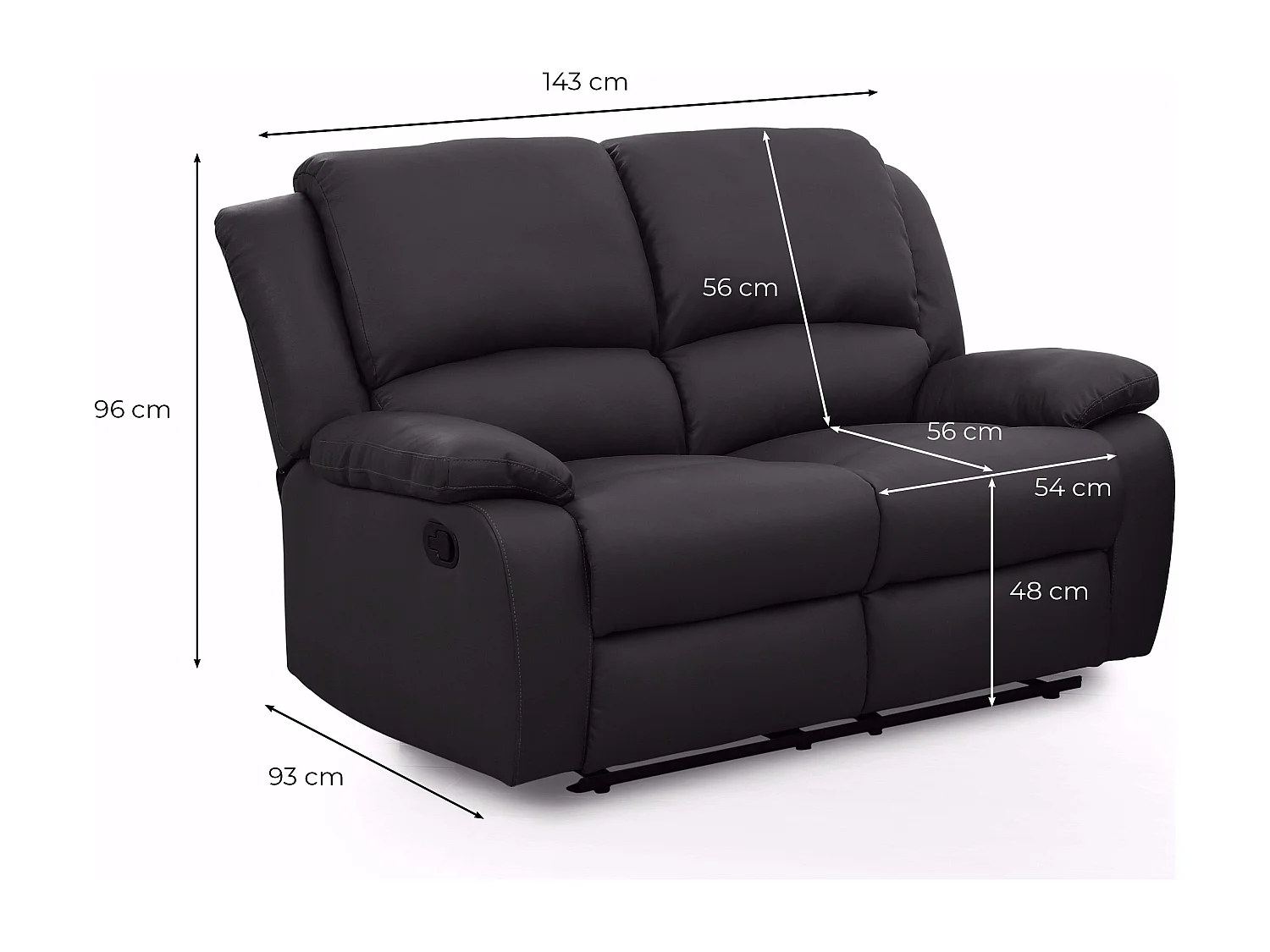 Canapé Relaxation 2 places Simili cuir Léo - Noir - L143 x 93 x 96cm - Loungitude