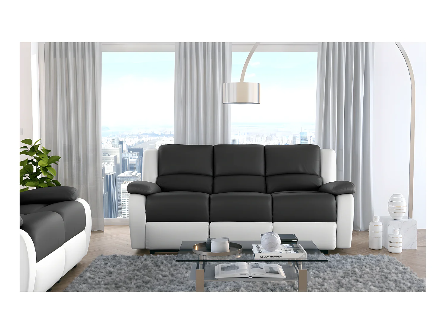 Canapé Relaxation 3 places Simili cuir Léo - Blanc et gris - L193 x 93 x 96cm - Loungitude