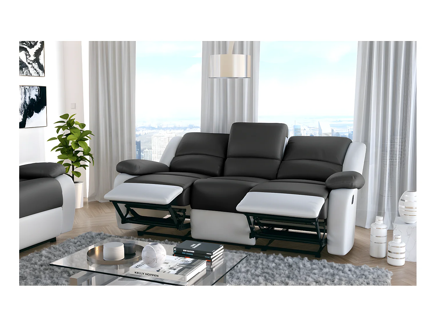 Canapé Relaxation 3 places Simili cuir Léo - Blanc et gris - L193 x 93 x 96cm - Loungitude