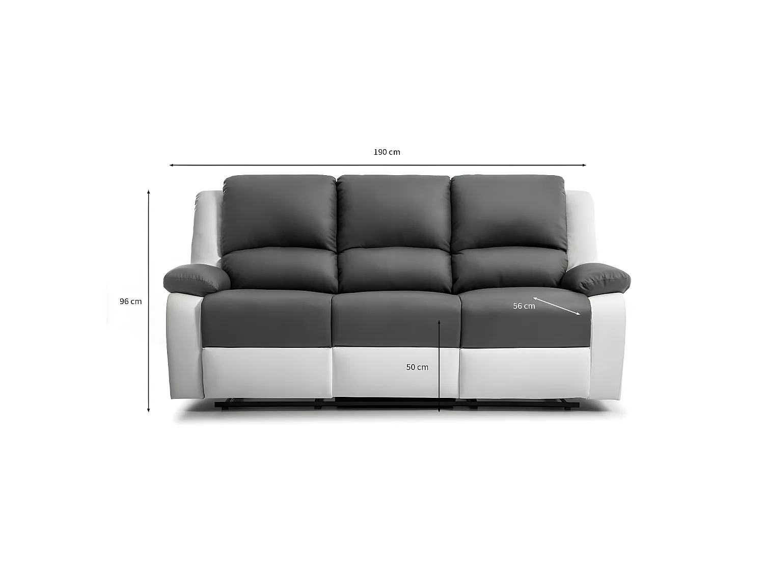 Canapé Relaxation 3 places Simili cuir Léo - Blanc et gris - L193 x 93 x 96cm - Loungitude