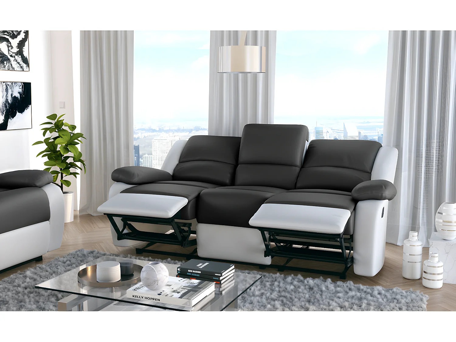 Canapé Relaxation 3 places Simili cuir Léo - Blanc et gris - L193 x 93 x 96cm - Loungitude