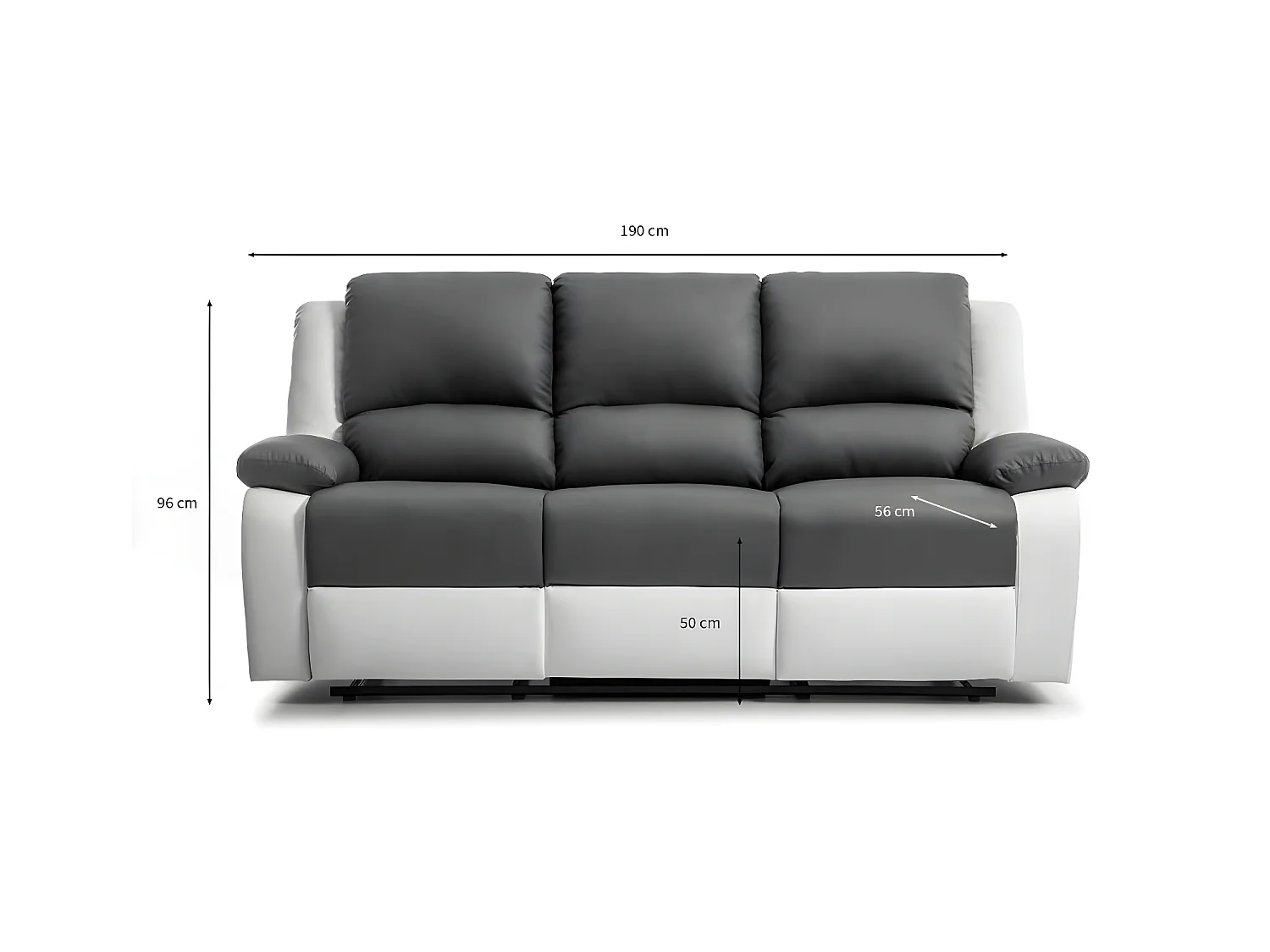 Canapé Relaxation 3 places Simili cuir Léo - Blanc et gris - L193 x 93 x 96cm - Loungitude