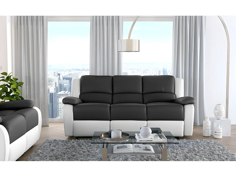 Canapé Relaxation 3 places Simili cuir Léo - Blanc et gris - L193 x 93 x 96cm - Loungitude
