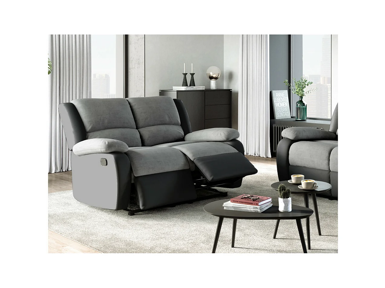 Canapé Relaxation 2 places Microfibre et Simili Léo - Gris et Noir - L143 x 93 x 96cm - Loungitude