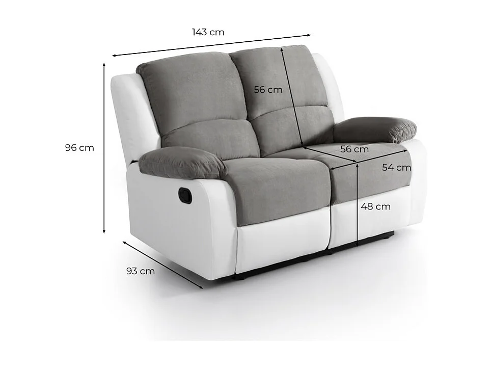 Canapé Relaxation 2 places Microfibre et Simili Léo - Gris et Noir - L143 x 93 x 96cm - Loungitude