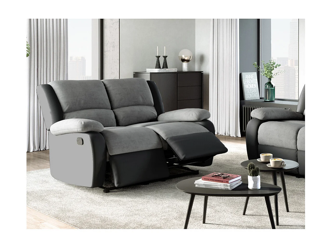 Canapé Relaxation 2 places Microfibre et Simili Léo - Gris et Noir - L143 x 93 x 96cm - Loungitude