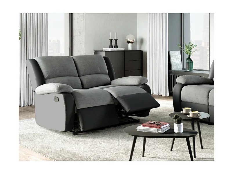 Canapé Relaxation 2 places Microfibre et Simili Léo - Gris et Noir - L143 x 93 x 96cm - Loungitude