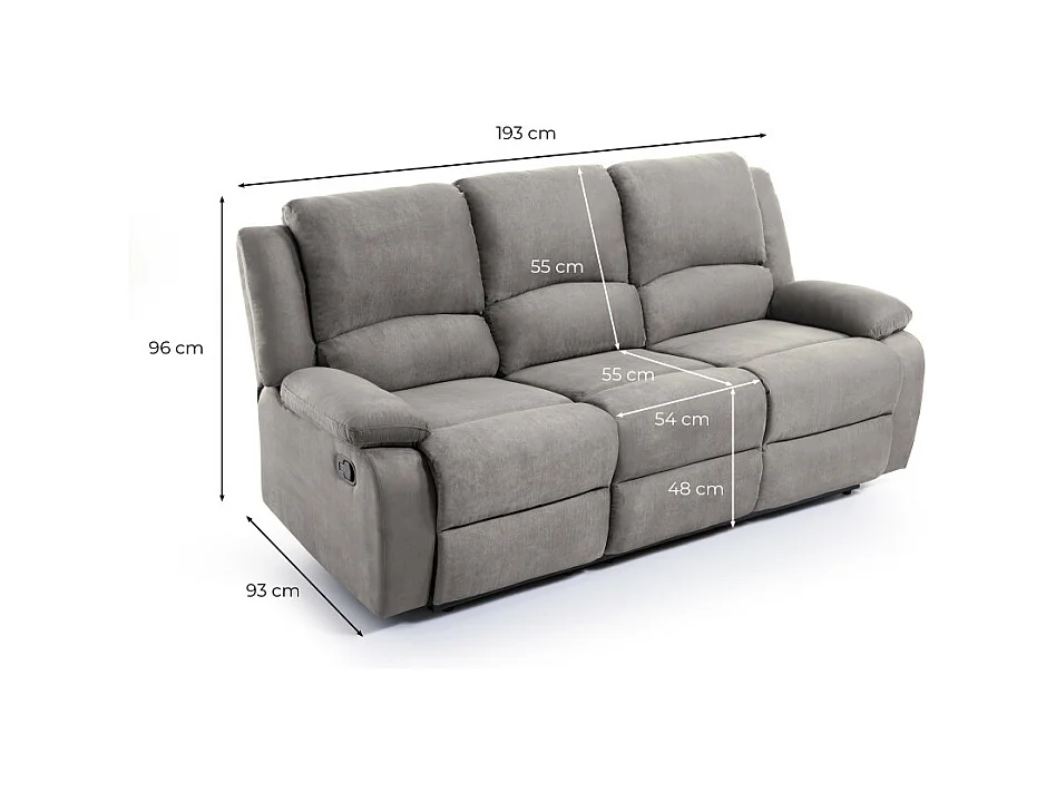 Canapé Relaxation 3 places Microfibre Léo - Gris - L193 x 93 x 96cm - Loungitude