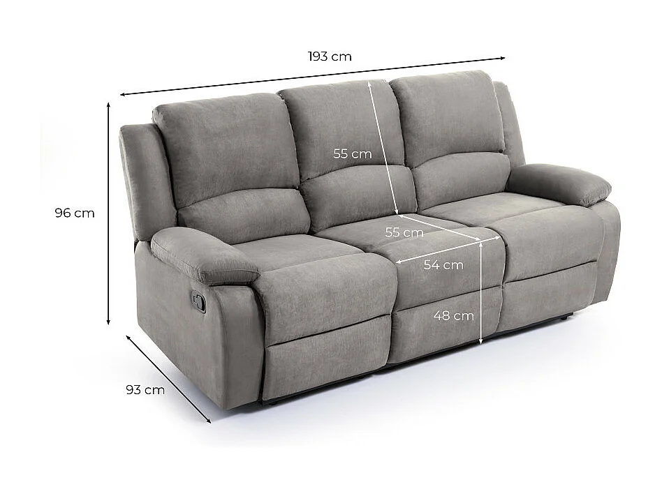 Canapé Relaxation 3 places Microfibre Léo - Gris - L193 x 93 x 96cm - Loungitude