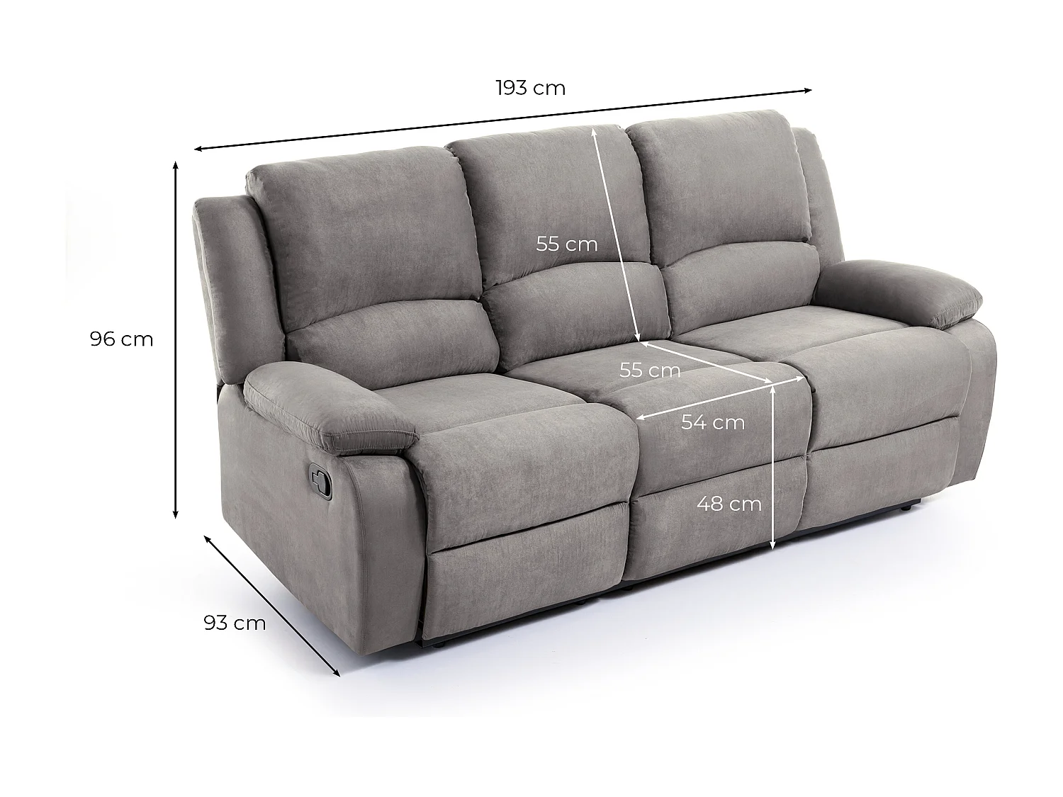 Canapé Relaxation 3 places Microfibre Léo - Gris - L193 x 93 x 96cm - Loungitude