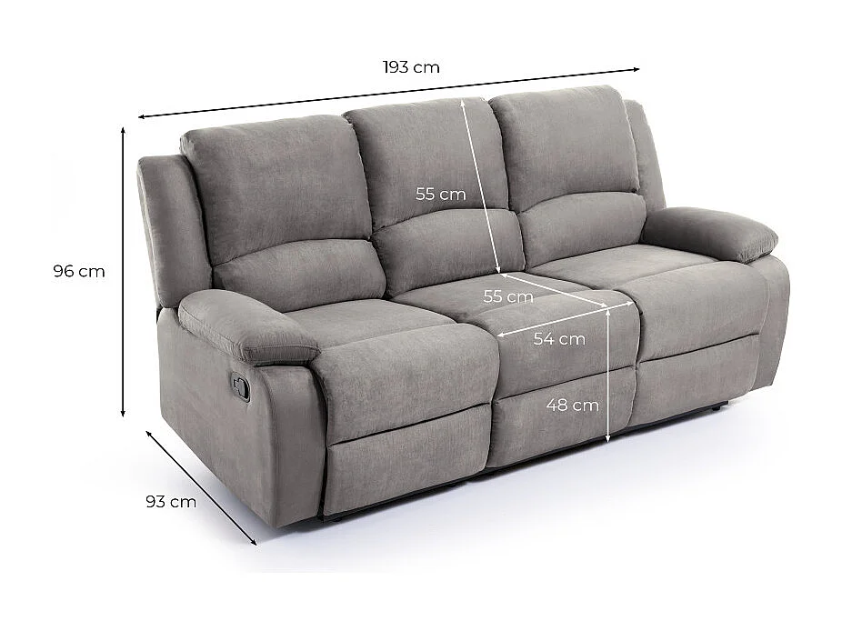Canapé Relaxation 3 places Microfibre Léo - Gris - L193 x 93 x 96cm - Loungitude