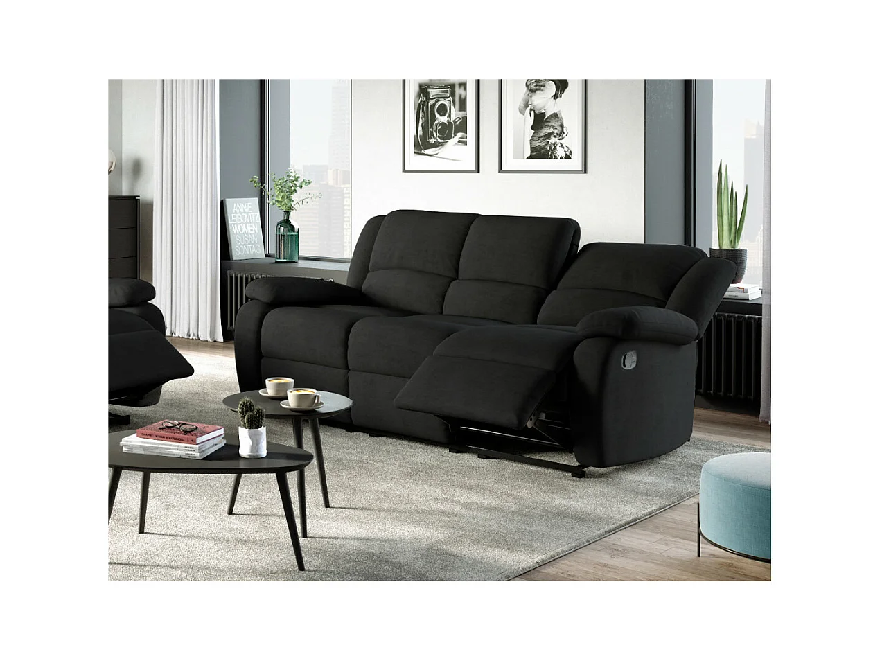 Canapé Relaxation 3 places Microfibre Léo - Noir - L193 x 93 x 96cm - Loungitude