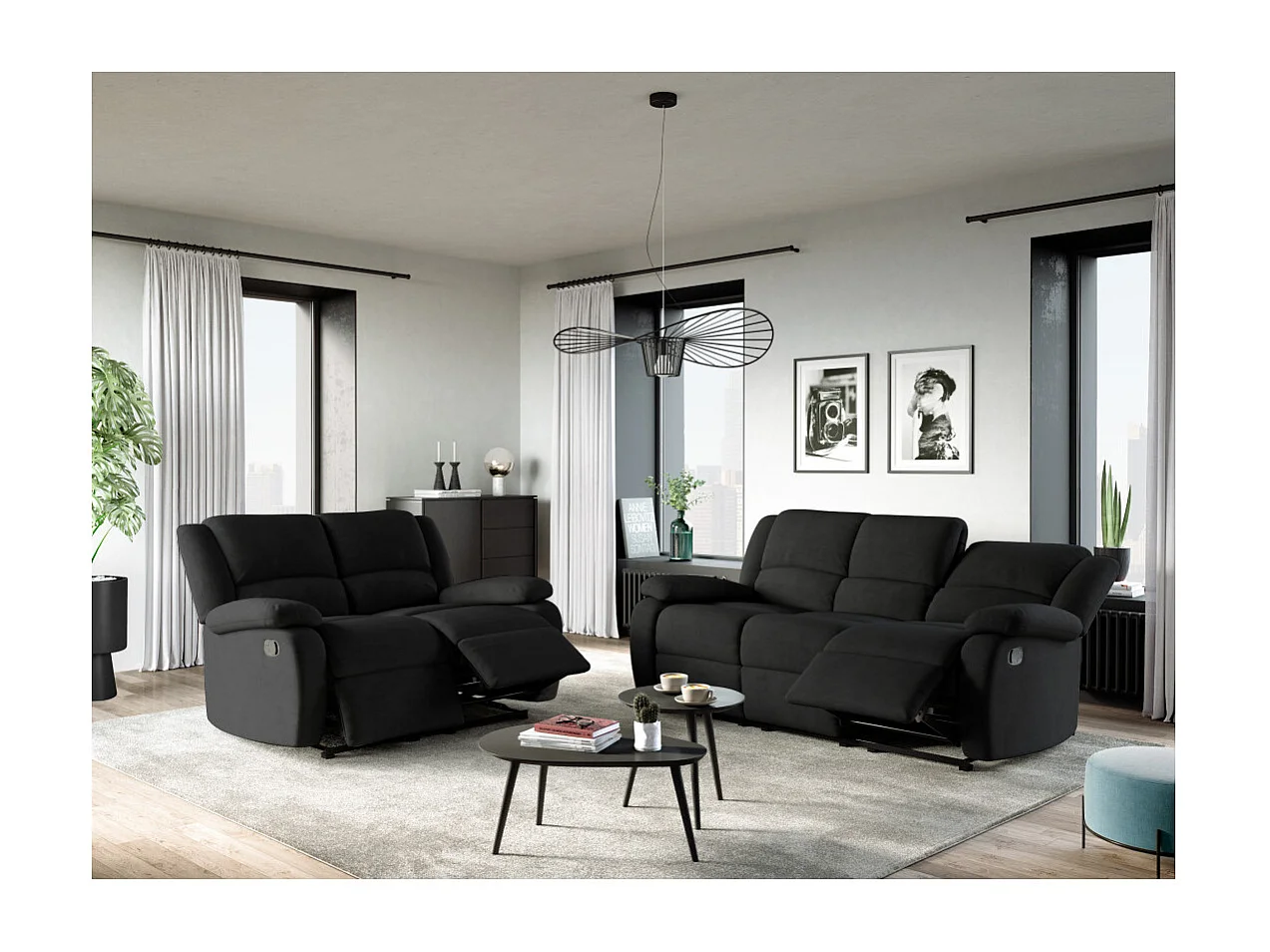 Canapé Relaxation 3 places Microfibre Léo - Noir - L193 x 93 x 96cm - Loungitude