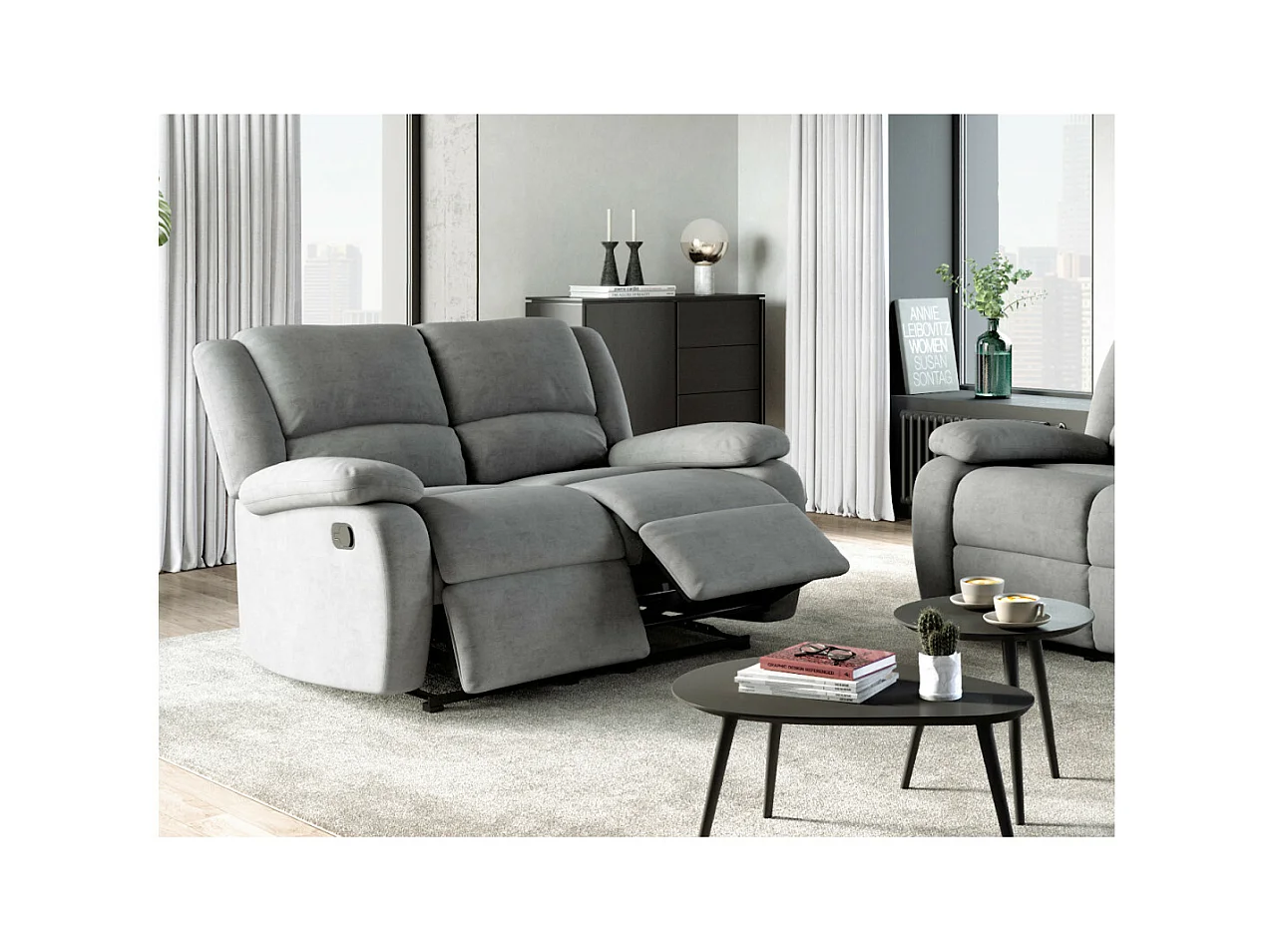 Canapé Relaxation 2 places en microfibre Léo - Gris - L143 x 93 x 96cm - Loungitude
