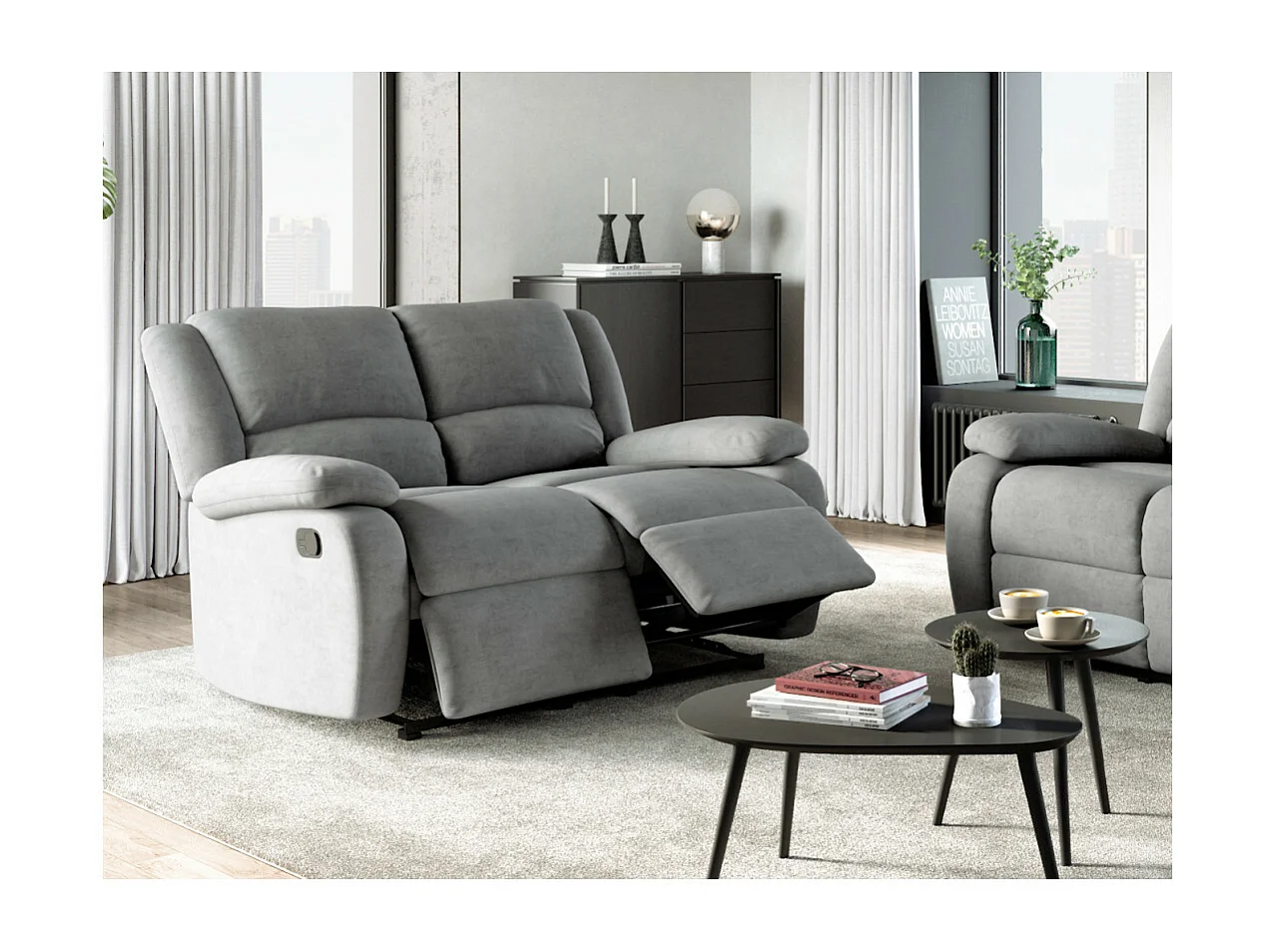 Canapé Relaxation 2 places en microfibre Léo - Gris - L143 x 93 x 96cm - Loungitude