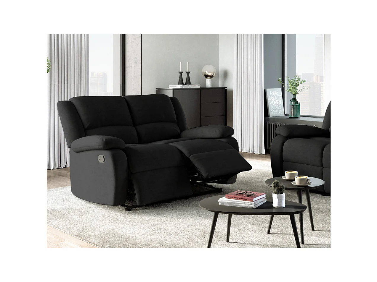 Canapé Relaxation 2 places en microfibre Léo - Noir - L143 x 93 x 96cm - Loungitude