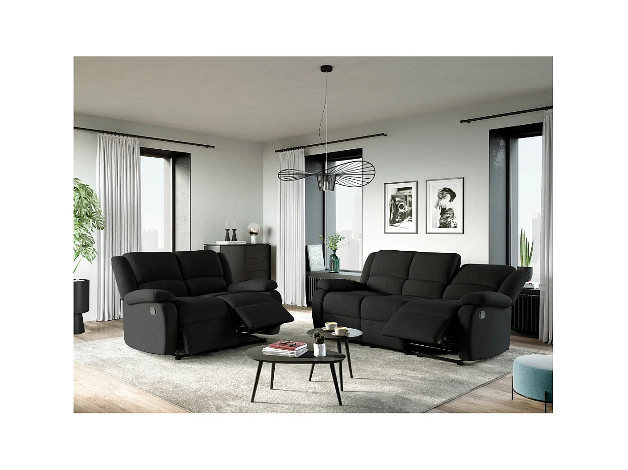 Canapé Relaxation 2 places en microfibre Léo - Noir - L143 x 93 x 96cm - Loungitude