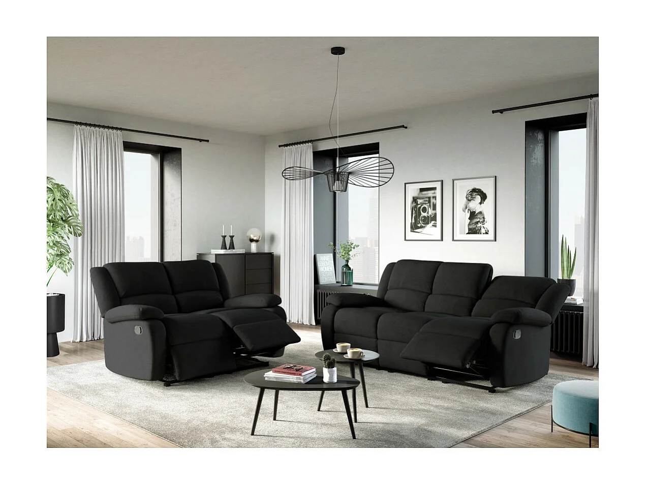 Canapé Relaxation 2 places en microfibre Léo - Noir - L143 x 93 x 96cm - Loungitude