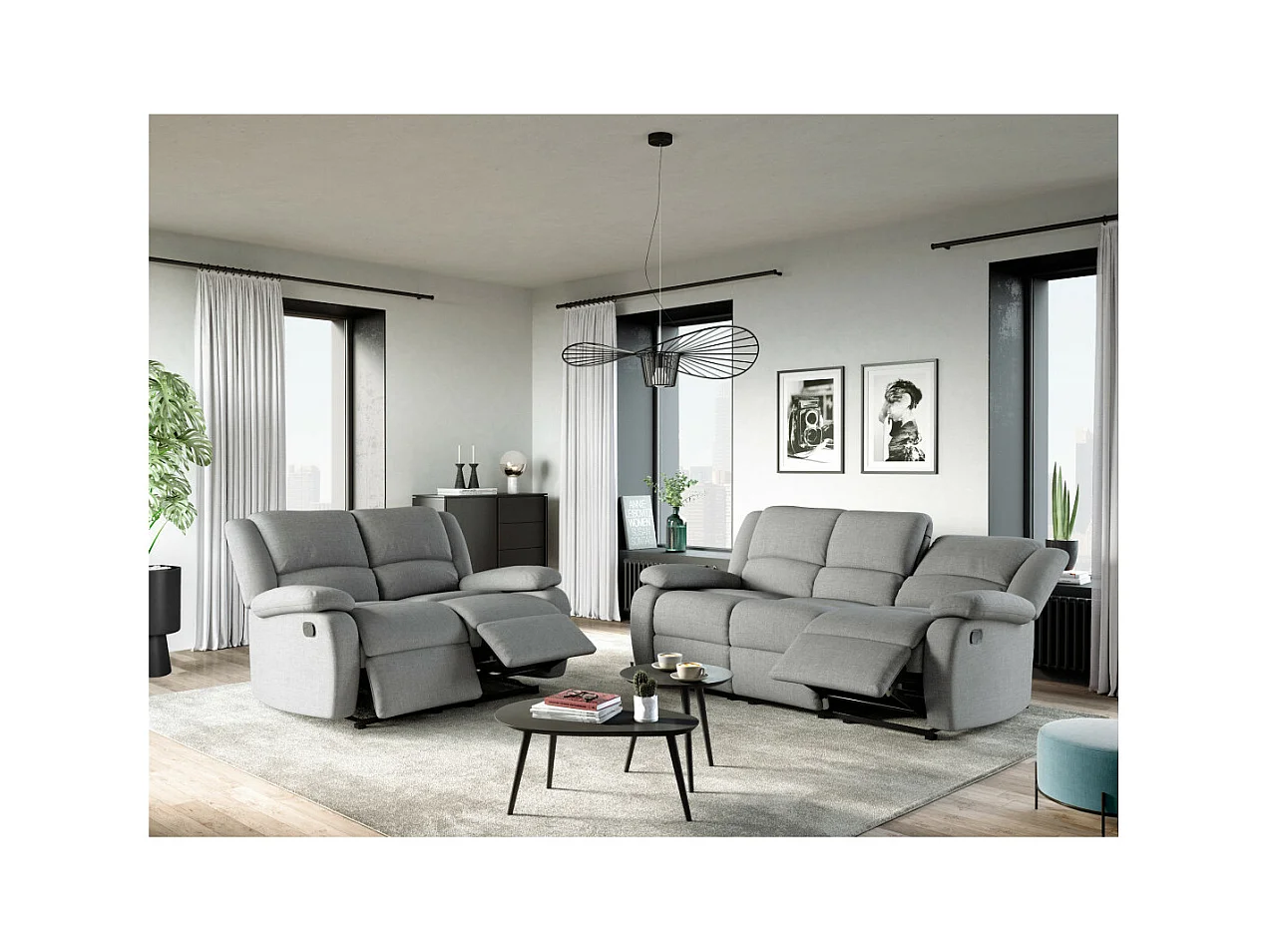 Canapé Relaxation 3 places Léo en Tissu - Gris clair - L193 x 93 x 96cm - Loungitude