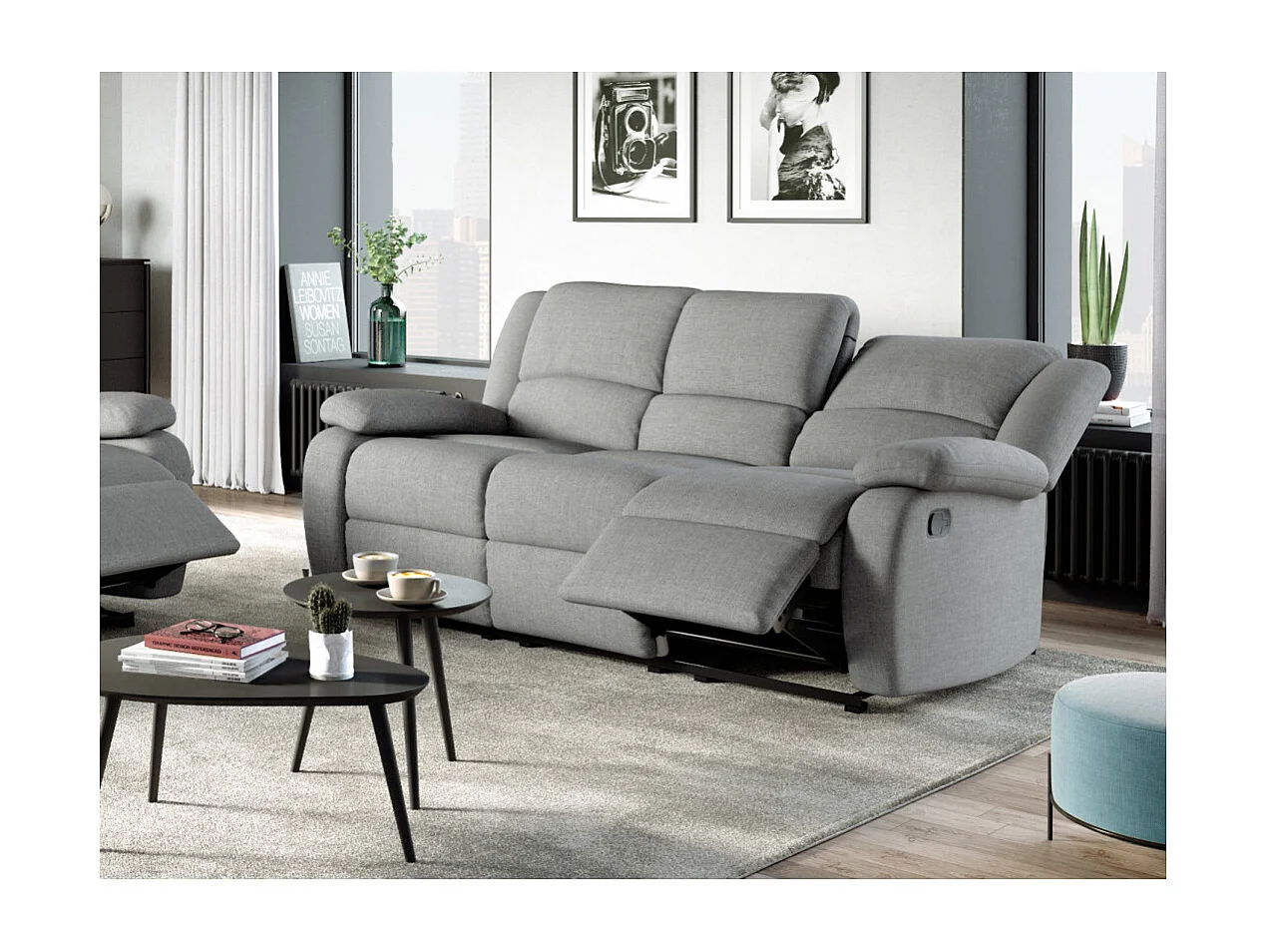 Canapé Relaxation 3 places Léo en Tissu - Gris clair - L193 x 93 x 96cm - Loungitude