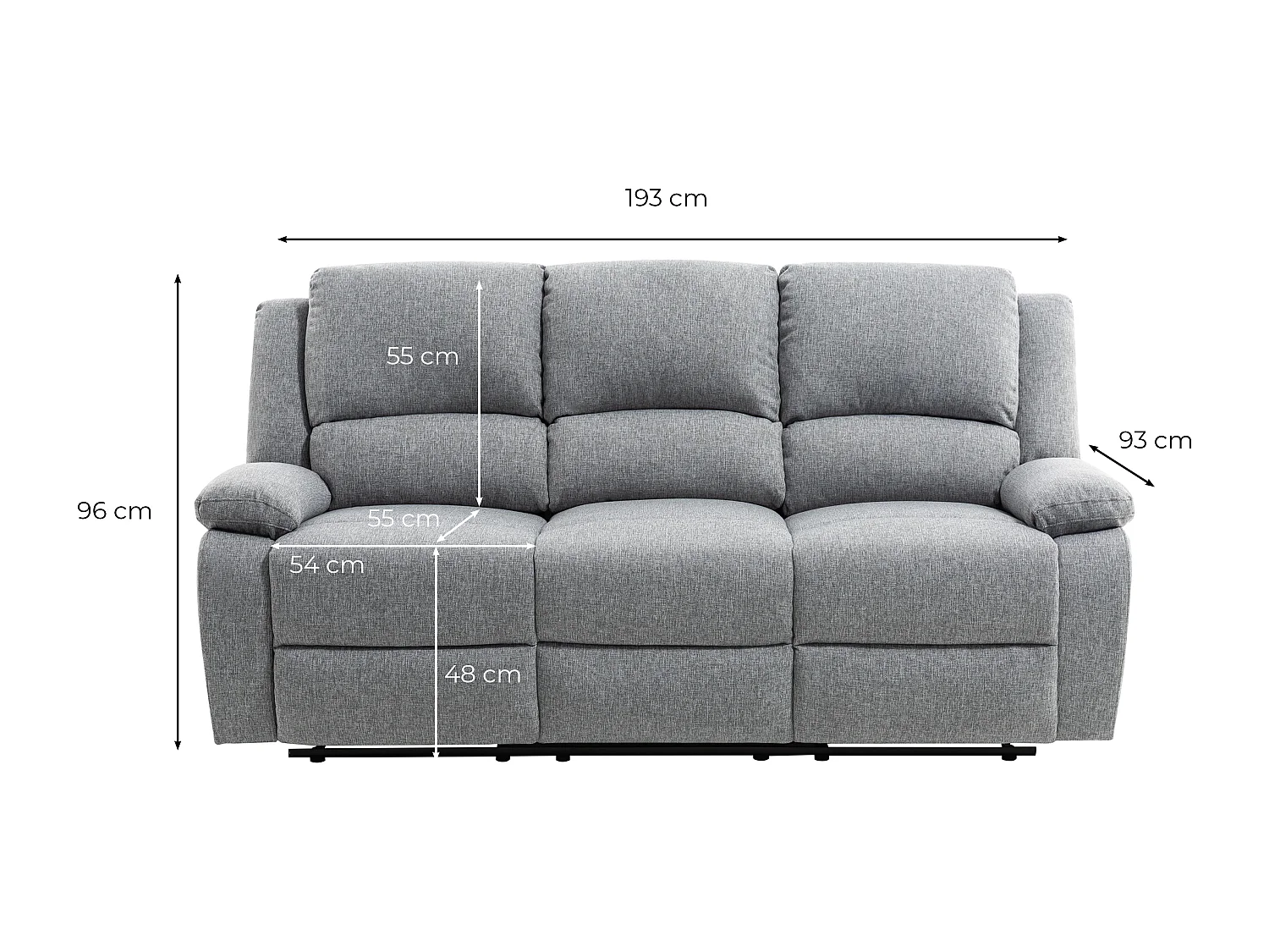 Canapé Relaxation 3 places Léo en Tissu - Gris clair - L193 x 93 x 96cm - Loungitude
