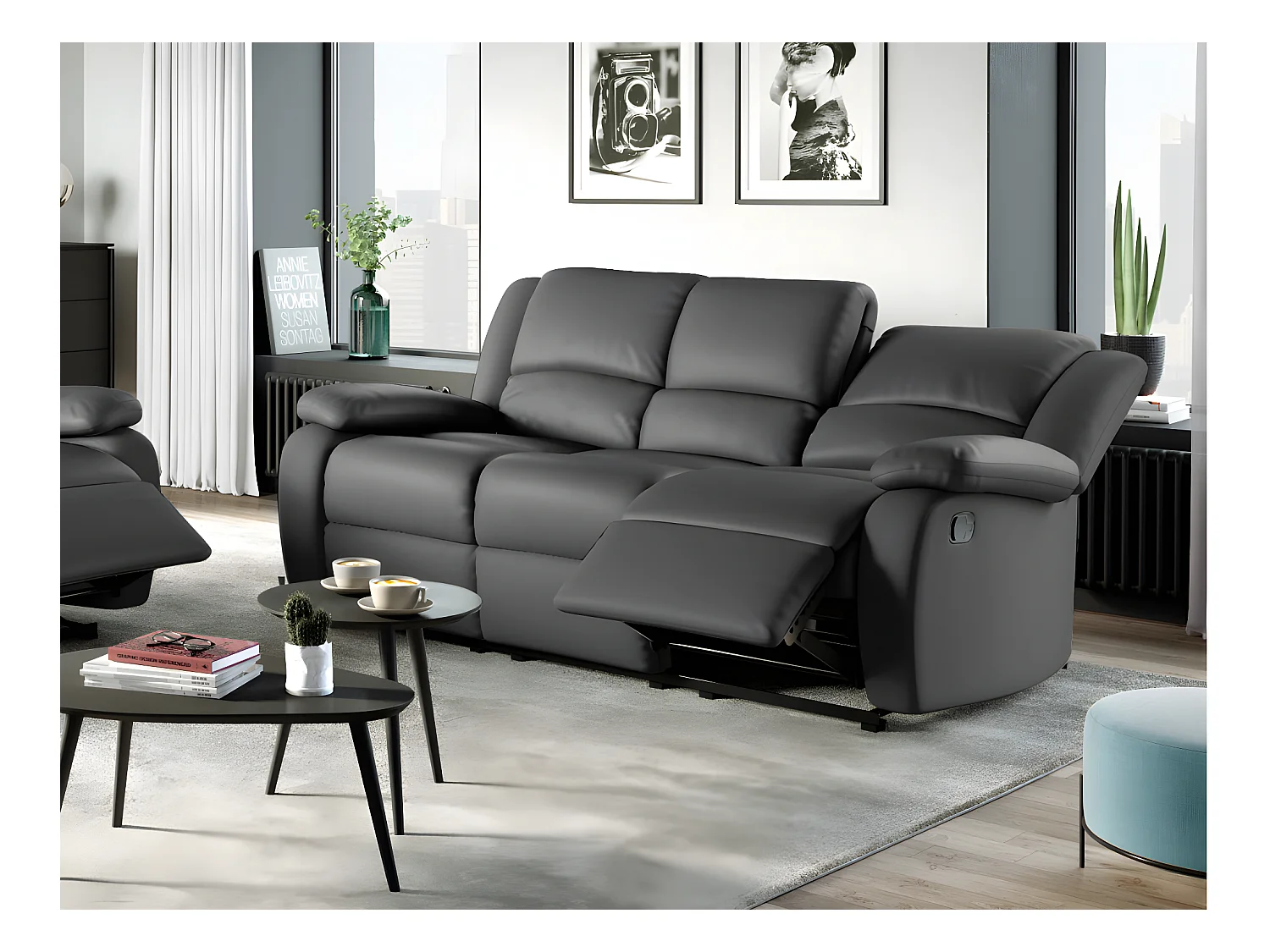 Canapé Relaxation 3 places Simili cuir Léo - Gris - L193 x 93 x 96cm - Loungitude