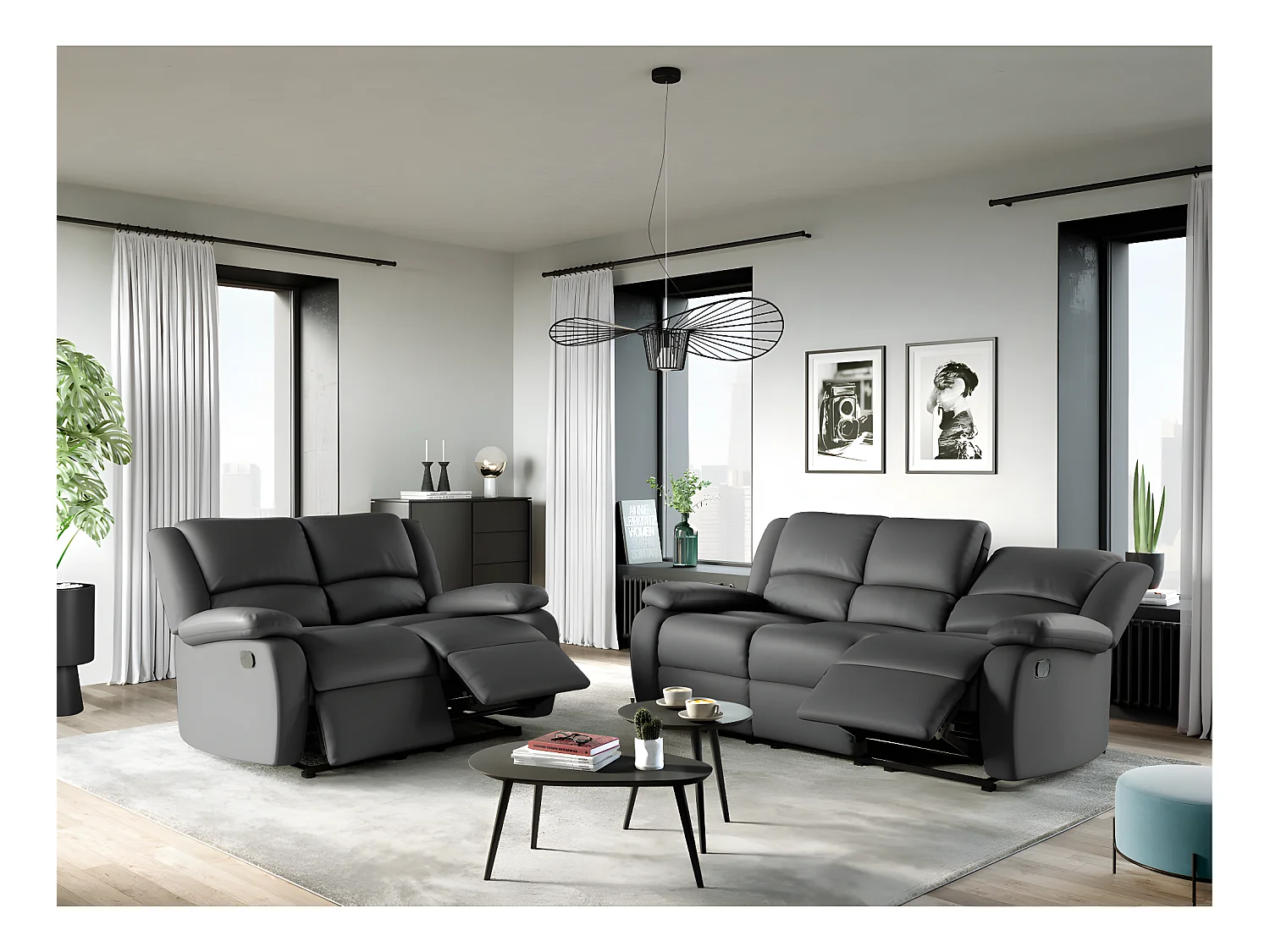 Canapé Relaxation 3 places Simili cuir Léo - Gris - L193 x 93 x 96cm - Loungitude