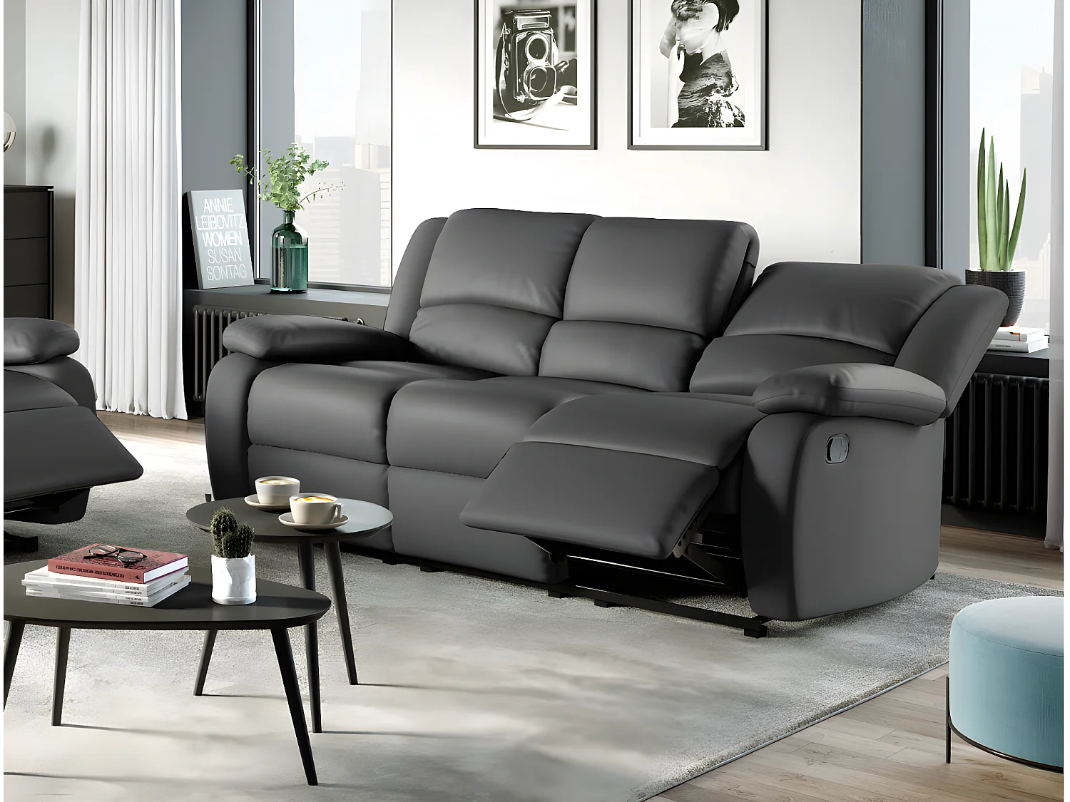 Canapé Relaxation 3 places Simili cuir Léo - Gris - L193 x 93 x 96cm - Loungitude