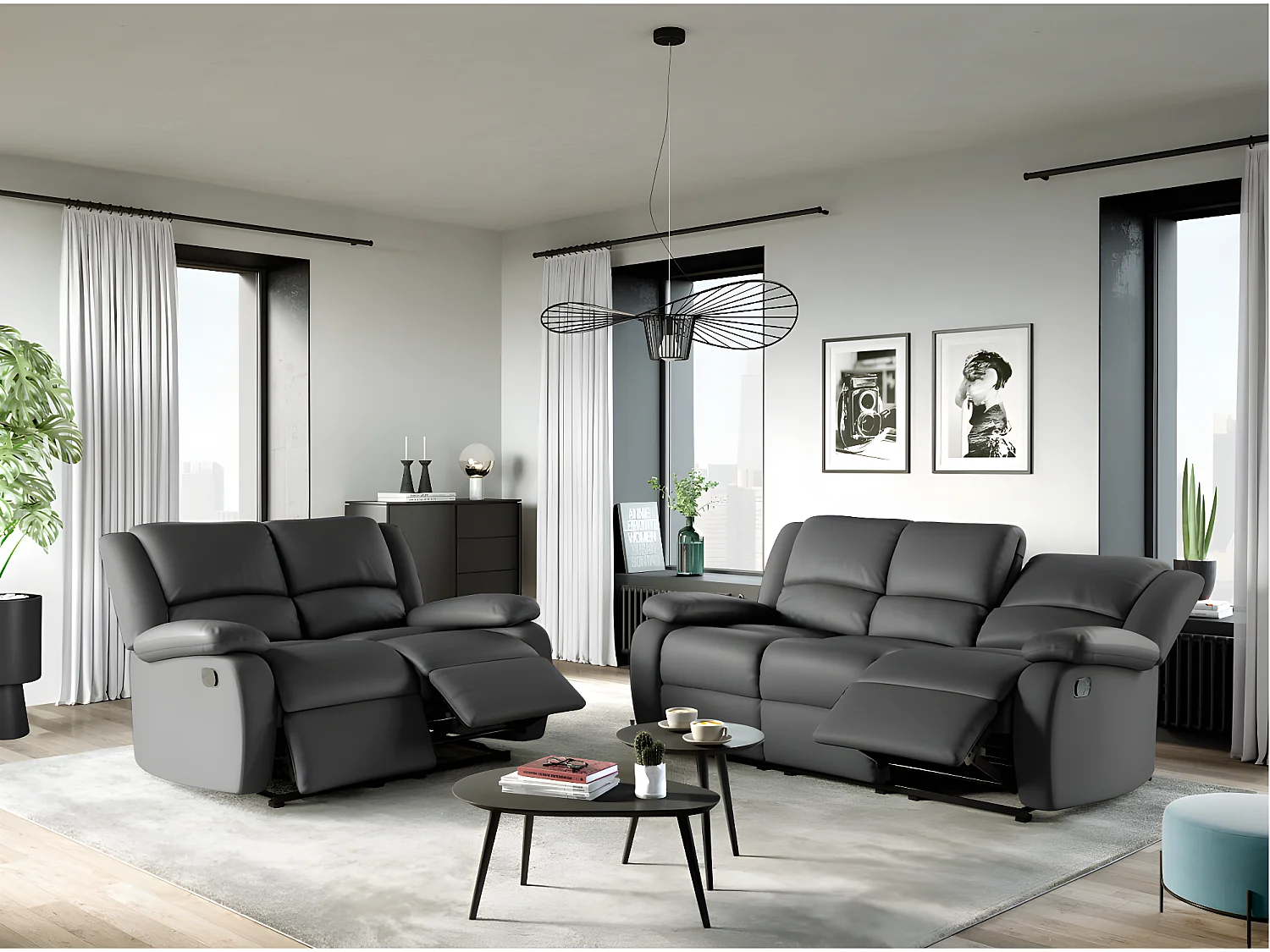 Canapé Relaxation 3 places Simili cuir Léo - Gris - L193 x 93 x 96cm - Loungitude