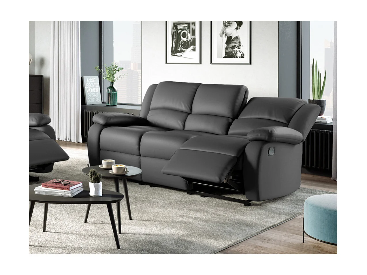 Canapé Relaxation 3 places Simili cuir Léo - Gris - L193 x 93 x 96cm - Loungitude
