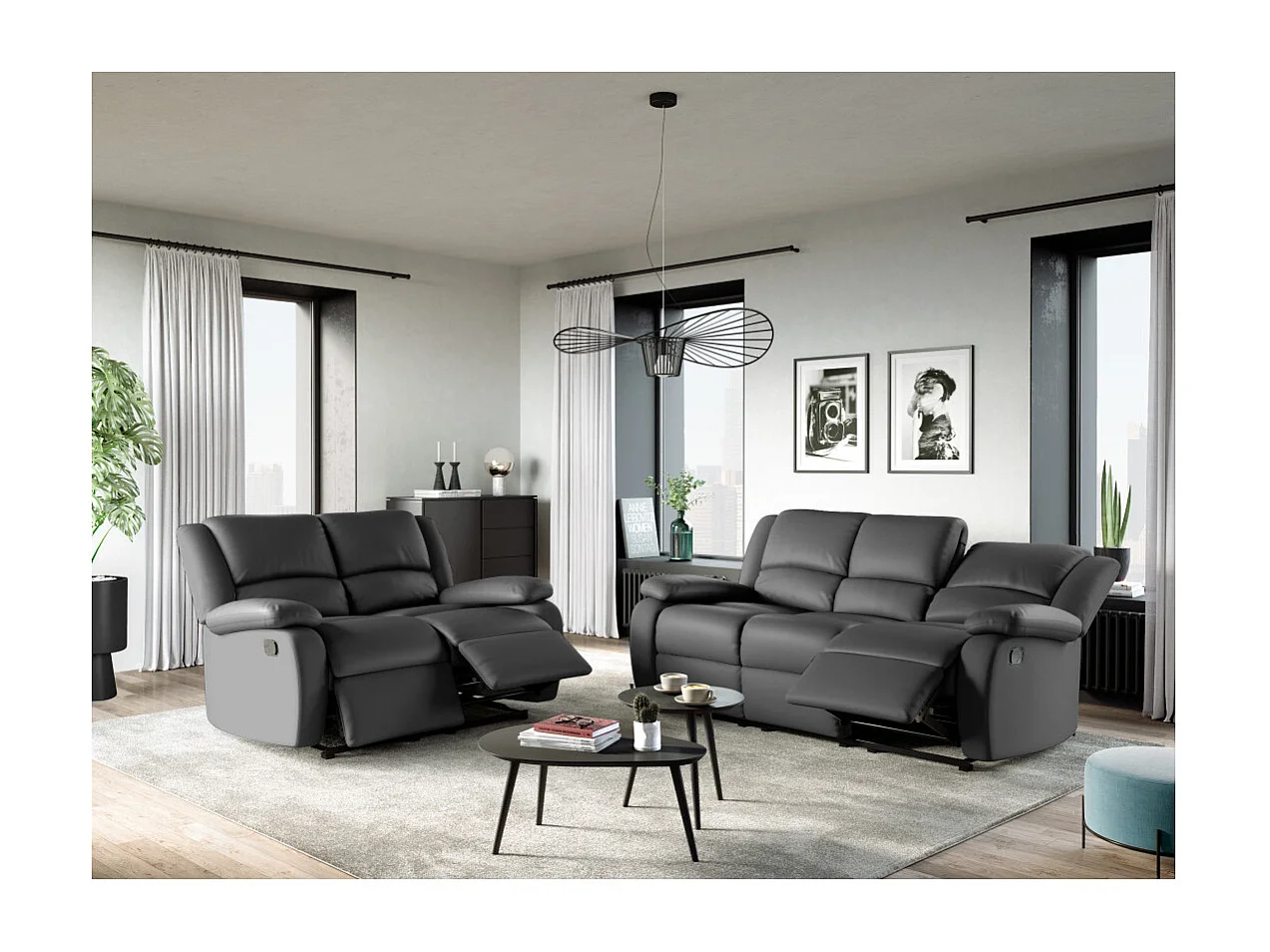 Canapé Relaxation 3 places Simili cuir Léo - Gris - L193 x 93 x 96cm - Loungitude