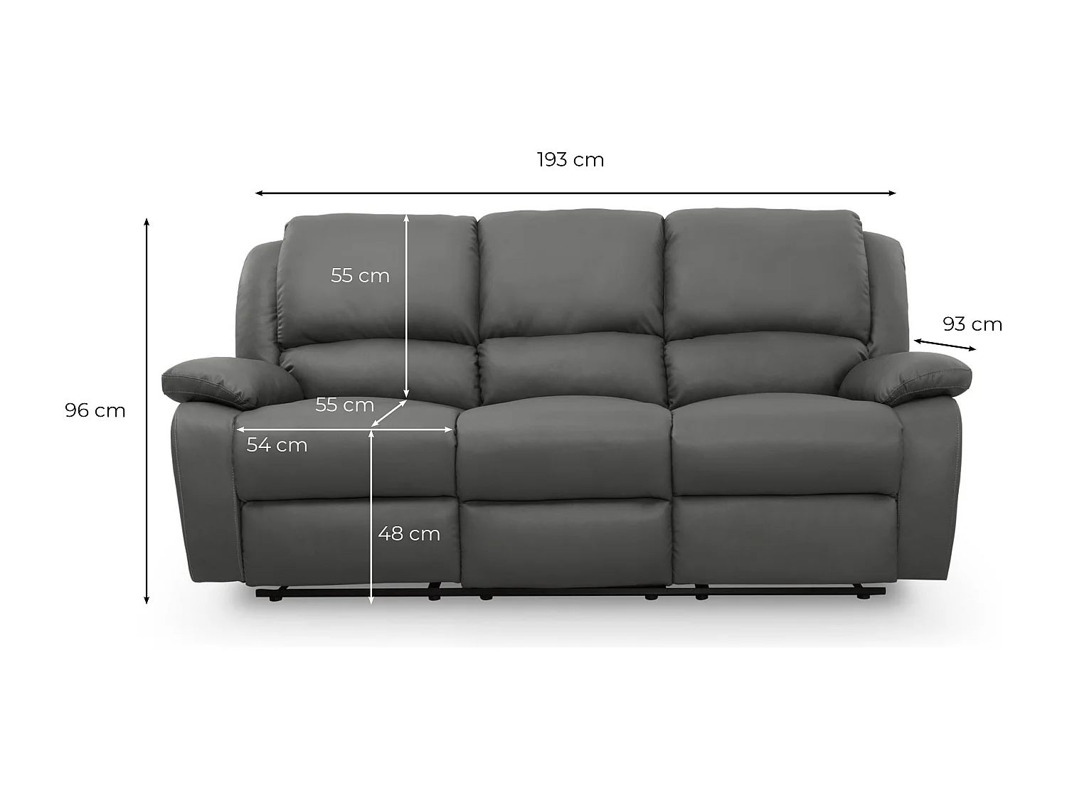 Canapé Relaxation 3 places Simili cuir Léo - Gris - L193 x 93 x 96cm - Loungitude