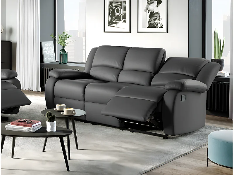 Canapé Relaxation 3 places Simili cuir Léo - Gris - L193 x 93 x 96cm - Loungitude