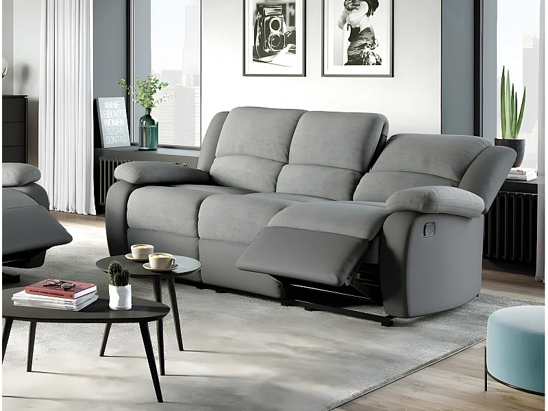 Canapé Relaxation 3 places Microfibre et Simili Léo - Gris - L193 x 93 x 96cm - Loungitude