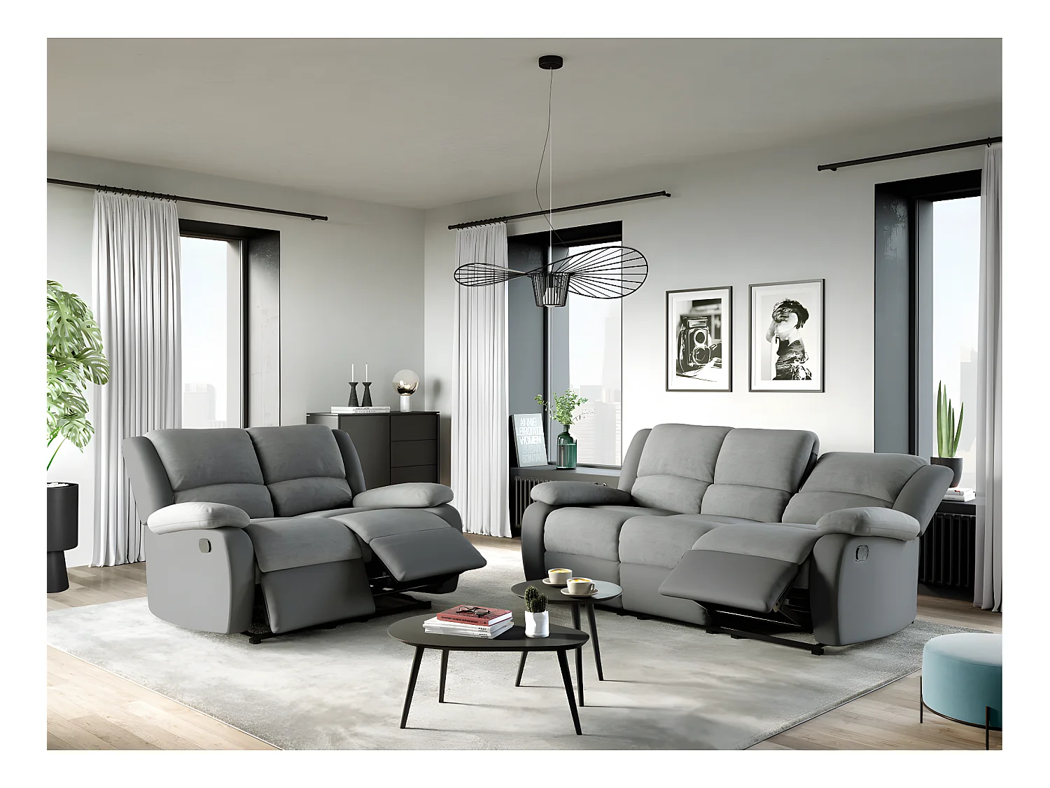 Canapé Relaxation 3 places Microfibre et Simili Léo - Gris - L193 x 93 x 96cm - Loungitude